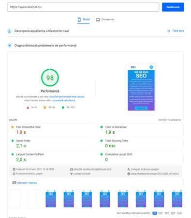 SEO Tehnic - rezultate viteza de incarcare site pe mobil SEO Tehnic - rezultate viteza de incarcare site pe mobil