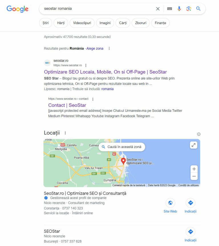 Rezultate de cautare Profilul Companie pe Google